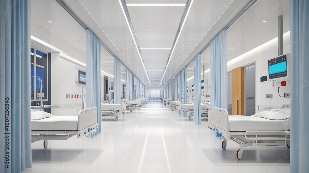 Obraz premium Empty hospital ward with beds and curtains.