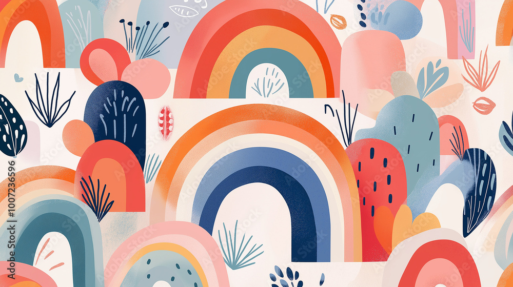 Fototapeta premium Abstract rainbow and plant pattern in a bright, colorful design.