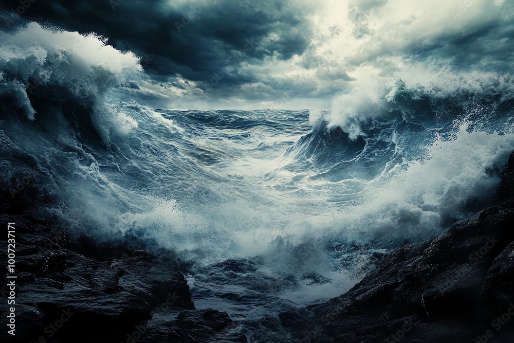 Fototapeta premium Dramatic ocean waves crashing against rocks under a stormy sky, capturing the raw power and intensity of nature's fury.