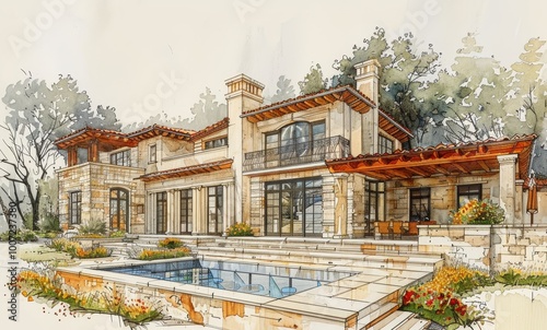 A Mediterranean-inspired villa with terracotta roofing, expansive glass windows, and an inviting pool, nestled within lush gardens for tranquil living