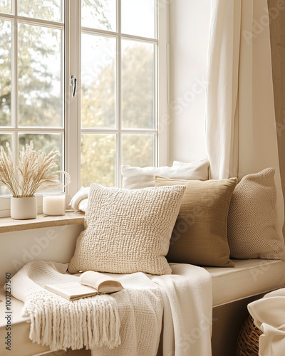 Cushioned window seat with cozy throw and autumn view