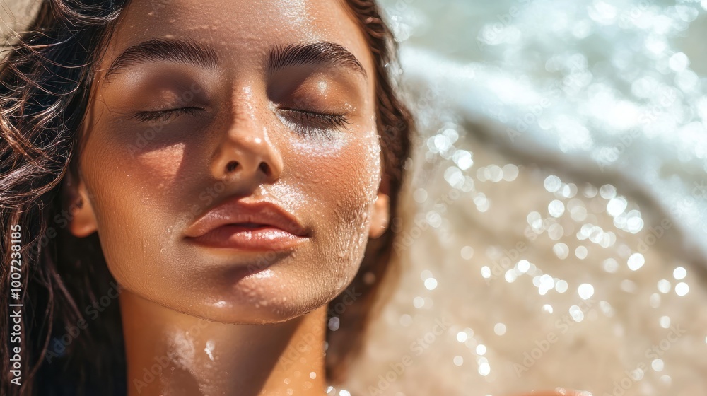 Close-up of a woman's face with water droplets, sunlit and radiant. Close-up of a woman's face with water droplets, sunlit and radiant.