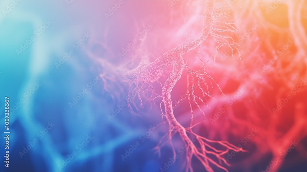 Branching vessels, probably arteries and veins, against an abstract gradient background with a smooth transition of colors from blue to pink. Branching vessels, probably arteries and veins, against an abstract gradient background with a smooth transition of colors from blue to pink.