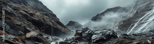 Misty mountain landscape with rocky terrain and dramatic clouds, offering a breathtaking view of remote and rugged natural beauty.