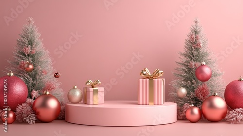 Pink Christmas Presents and Ornaments on a Pink Pedestal.