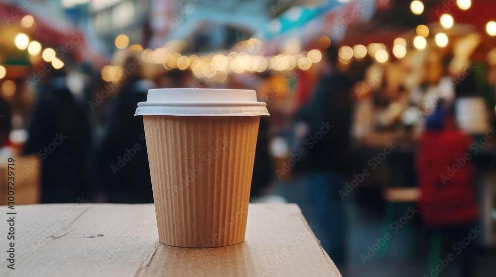 Closeup of a disposable paper cup with a white lid on a cardboard surface with blurred background of an outdoor market. Closeup of a disposable paper cup with a white lid on a cardboard surface with blurred background of an outdoor market.