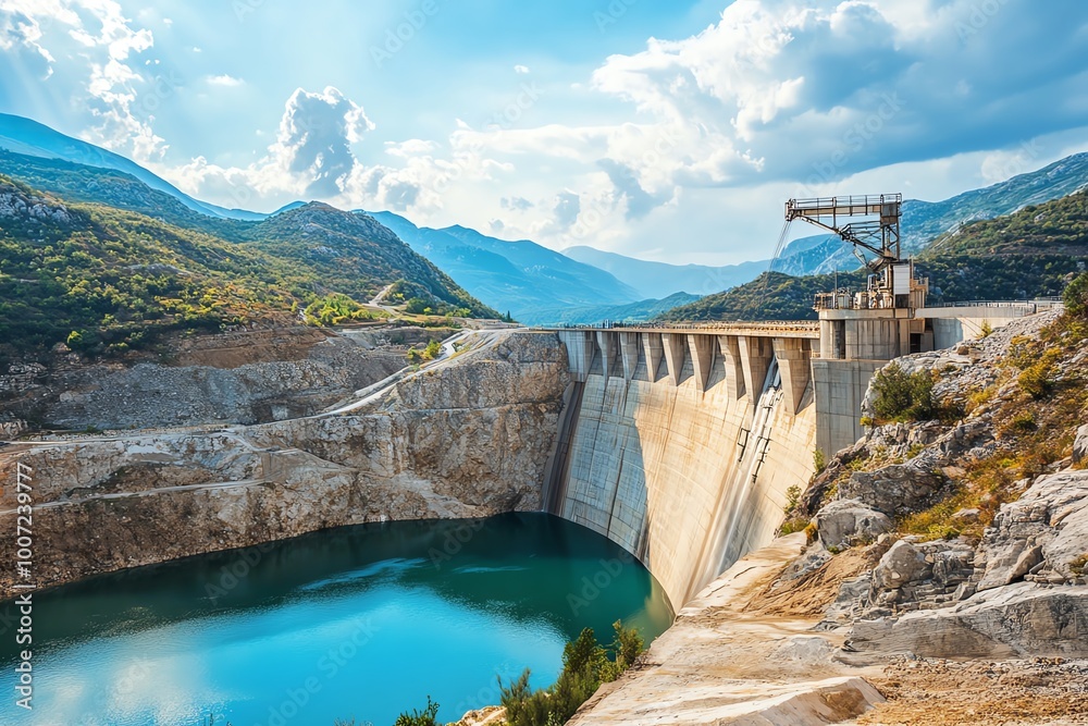 Panoramic view of a large hydroelectric dam in the mountains, with crystal clear water and blue sky, showcasing impressive engineering and nature.