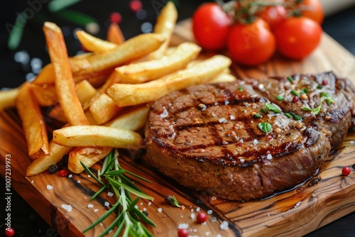 A steak and fries on a wooden cutting board with a few sprigs of rosemary, generative ai image