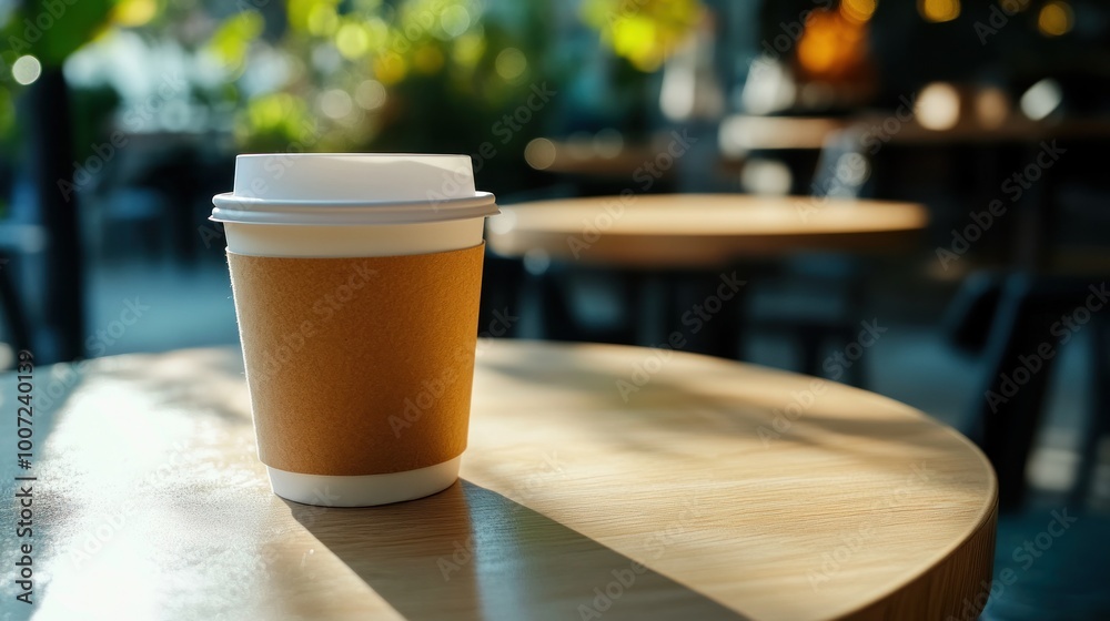 A single takeaway coffee cup sits on a wooden table in a cafe.
