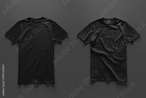 Image of two black t-shirts on a gray background, suitable for fashion or product promotions