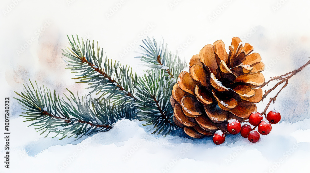 Watercolor Coniferous Twig with Pine Cone and Red Berries on Snowy White Background for Winter Holiday Decoration and Christmas Theme Watercolor Coniferous Twig with Pine Cone and Red Berries on Snowy White Background for Winter Holiday Decoration and Christmas Theme