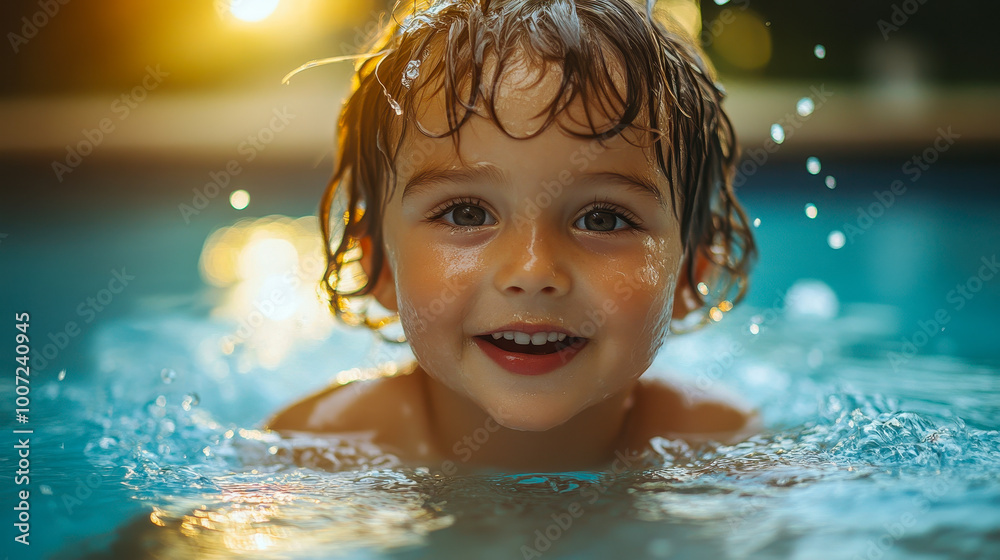 Joyful Child Playing in Swimming Pool with Water Splash on a Sunny Day, Happy Face, Fun Summer Activity, Outdoor Water Recreation, Kids Swimming, Pool Time, Childhood Happiness Joyful Child Playing in Swimming Pool with Water Splash on a Sunny Day, Happy Face, Fun Summer Activity, Outdoor Water Recreation, Kids Swimming, Pool Time, Childhood Happiness