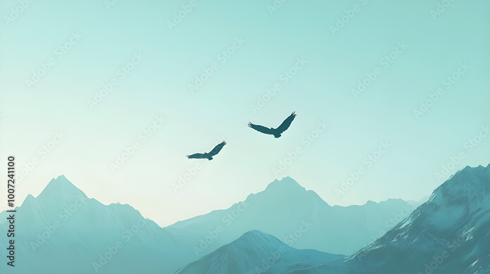 Two birds soaring high above a mountain range, symbolizing freedom and the beauty of nature's vast landscapes Two birds soaring high above a mountain range, symbolizing freedom and the beauty of nature's vast landscapes