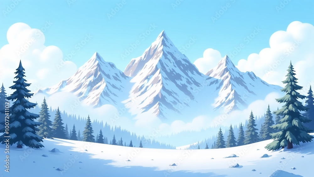 Majestic snowy mountains with pine trees, serene winter landscape, cartoon style, bright colors Majestic snowy mountains with pine trees, serene winter landscape, cartoon style, bright colors