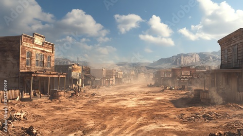 Rustic old western town street with wooden buildings, dirt road, and dramatic sky, capturing the essence of the Wild West era.