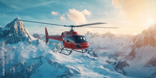 A helicopter soars above majestic snowy mountains. The bright sunlight enhances the serene landscape. A scenic view perfect for adventure and travel contexts. AI photo