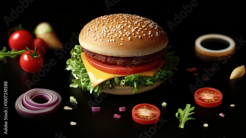 Wallpaper Mural vegan hamburger on black background with cheese, onions, tomatos and salad Torontodigital.ca