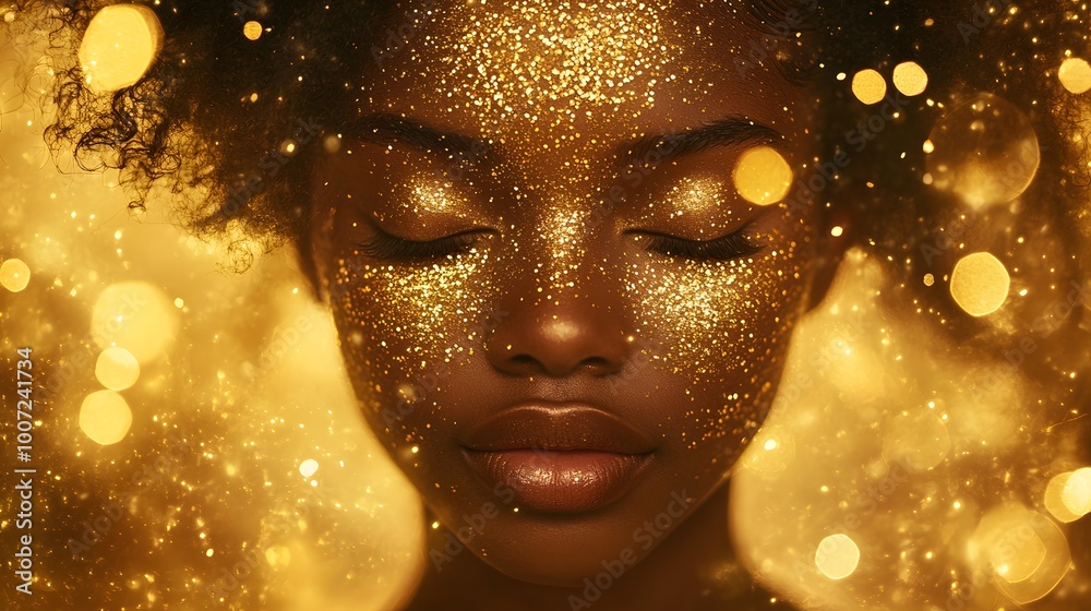 A beautiful Black woman with gold glitter on her face, surrounded by golden particles and dust in the air A beautiful Black woman with gold glitter on her face, surrounded by golden particles and dust in the air
