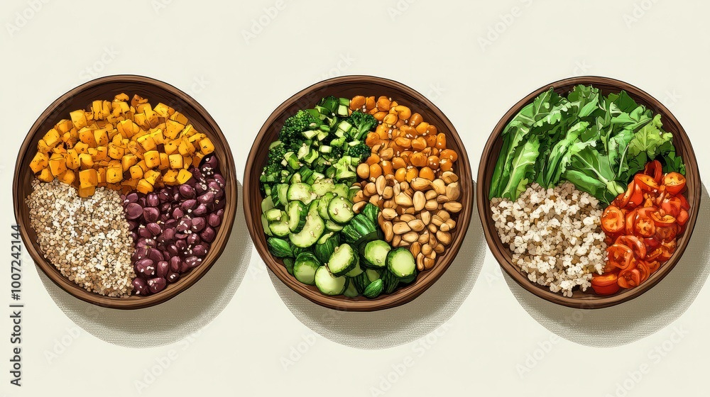 Visual guide for assembling a vegan Buddha bowl, featuring layers of grains, vegetables, and proteins, ideal for plantbased diet presentations and lifestyle magazines Visual guide for assembling a vegan Buddha bowl, featuring layers of grains, vegetables, and proteins, ideal for plantbased diet presentations and lifestyle magazines