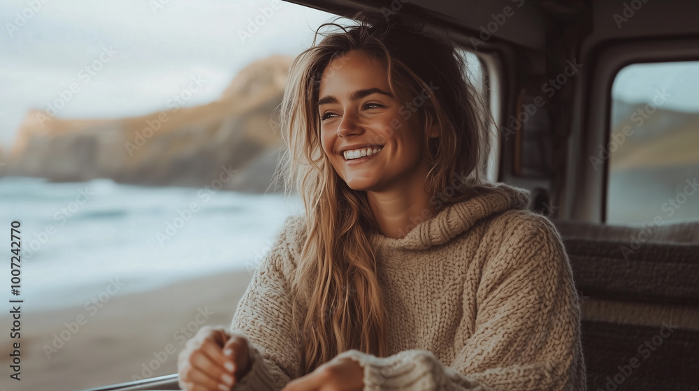 a young woman happily enjoying the view from a minivan window during a sustainable tourism trip