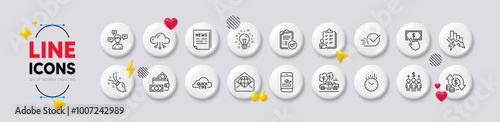 Idea, Payment click and Money wallet line icons. White buttons 3d icons. Pack of Smartphone statistics, Time, Cloud computing icon. Checklist, Saving electricity, Pickup pictogram. Vector
