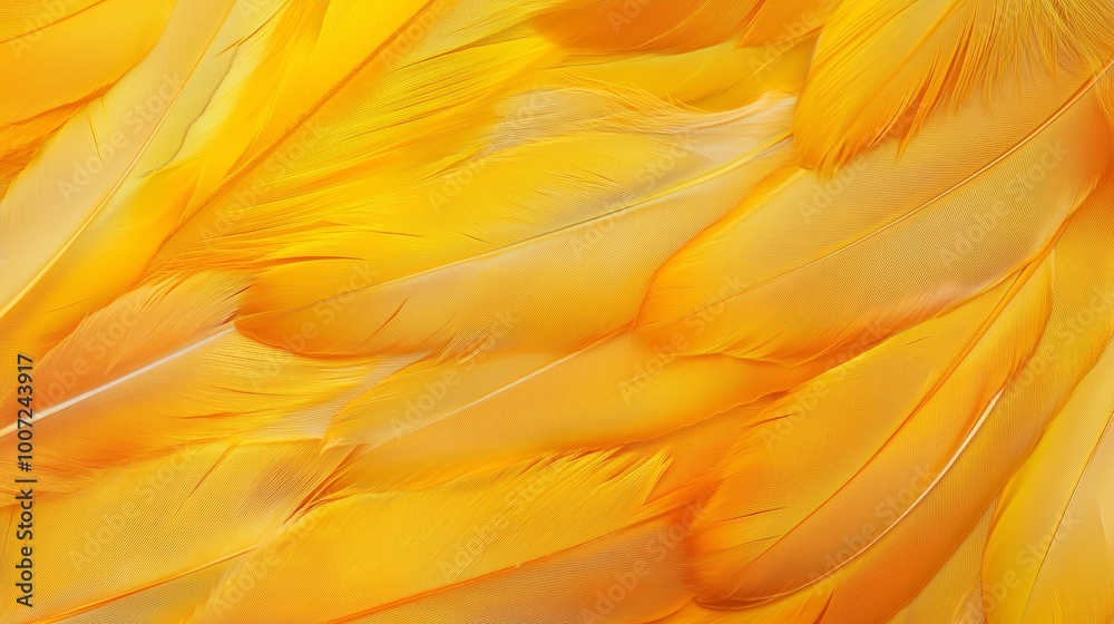 Obraz premium Bright yellow feathers arranged one on top of the other, creating the impression of softness and lightness. The texture of the feathers is highlighted by their sleek lines and details.