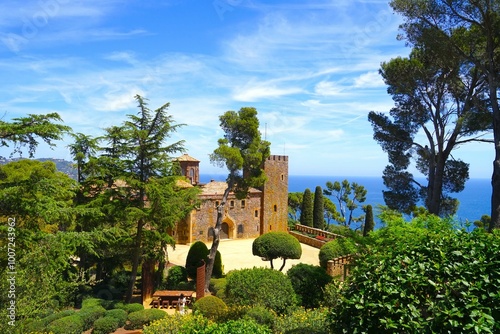 Castell de Cap Roig in the botanical garden Jardins de Cap Roig Mediterranean Sea behind, Calella de Palafrugell, Costa Brava, Girona, Catalonia, Spain