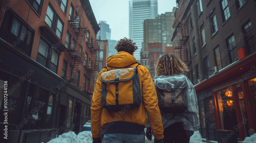 young couple man and woman holding hands with backpack affectionately while walking in the city during the winter snow season