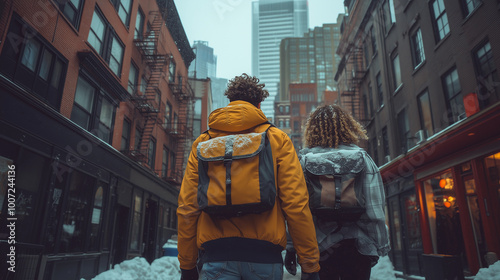 Obraz na płótnie young couple man and woman holding hands with backpack affectionately while walking in the city during the winter snow season w salonie