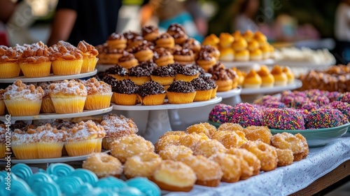 Photo of a variety of desserts, some made with sugar substitutes, displayed on a table. Concept Healthier Eating Choices, Low-Calorie Alternatives, Artificial Sweeteners, Sugar Substitutes, Diet