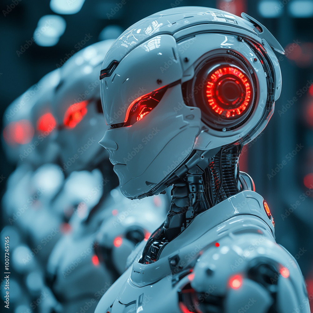 A group of robots with red eyes and glowing heads. The robots are all ...