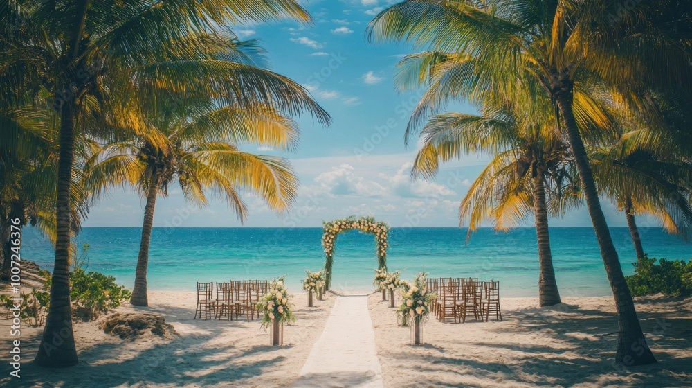 Naklejka premium Tropical beach wedding ceremony setup with a floral archway and white aisle runner.