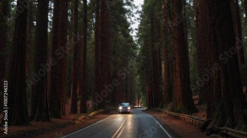 Car with headlights on drives towards camera, flight along straight road through Avenue of the Giants Redwood forest.