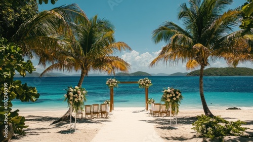 Tropical beach wedding ceremony setup with white floral arrangements under two palm trees.