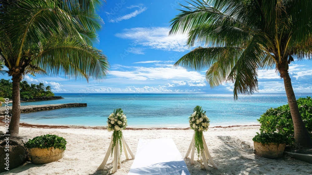 Fototapeta premium A tropical beach wedding ceremony setup with palm trees and white flowers on a white sand beach with turquoise ocean waters in the background.