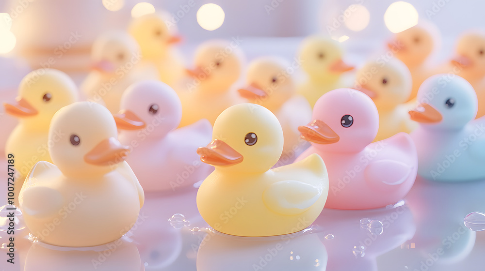 A Whimsical Group of Pastel Rubber Ducklings Arranged on a Bathroom Countertop A Whimsical Group of Pastel Rubber Ducklings Arranged on a Bathroom Countertop