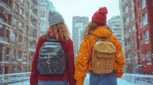 Obraz na płótnie two women lgtbq holding hands affectionately while walking in the city during the winter snow season w salonie