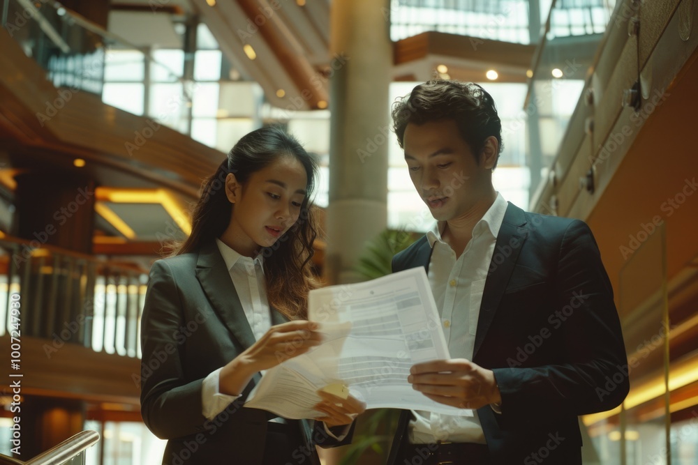A pair examining papers together, possibly discussing business or personal matters A pair examining papers together, possibly discussing business or personal matters