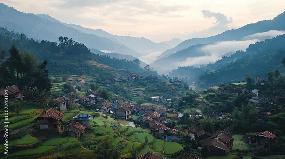 Fototapeta premium Scenic view of mountainous village with terraced fields and misty skies during early morning, capturing nature's beauty and tranquility.