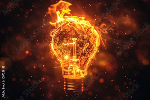 A glowing light bulb with flames emerging from the glass, conveying intense heat and danger