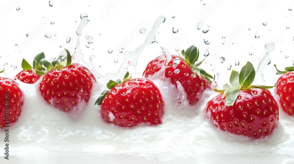 Closeup of fresh red strawberries splashing into white milk. Closeup of fresh red strawberries splashing into white milk.