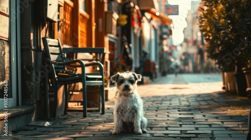 Fototapeta Naklejka Na Ścianę i Meble -  A small white dog sits on a cobblestone street, looking up at something