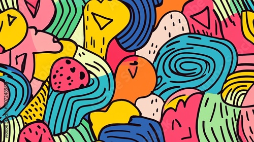 A vibrant and playful abstract pattern featuring a mix of colorful shapes, lines, and dots.