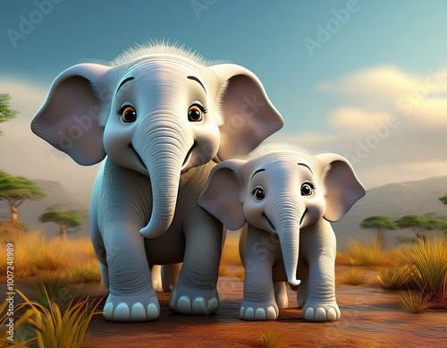 Cute Cartoon Mother and Chi...