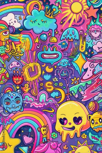 Colorful stickers adorn a wall with vibrant hues and shapes