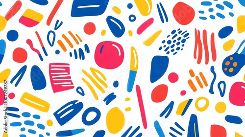 A vibrant and playful abstract pattern featuring bold, colorful shapes and lines.