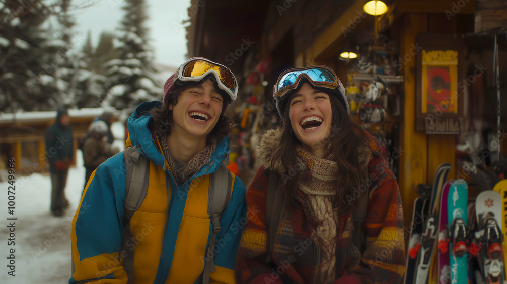a boy and a girl in winter attire enjoying the snow at a ski resort, laughing during the winter sports season while promoting sustainable tourism in nature