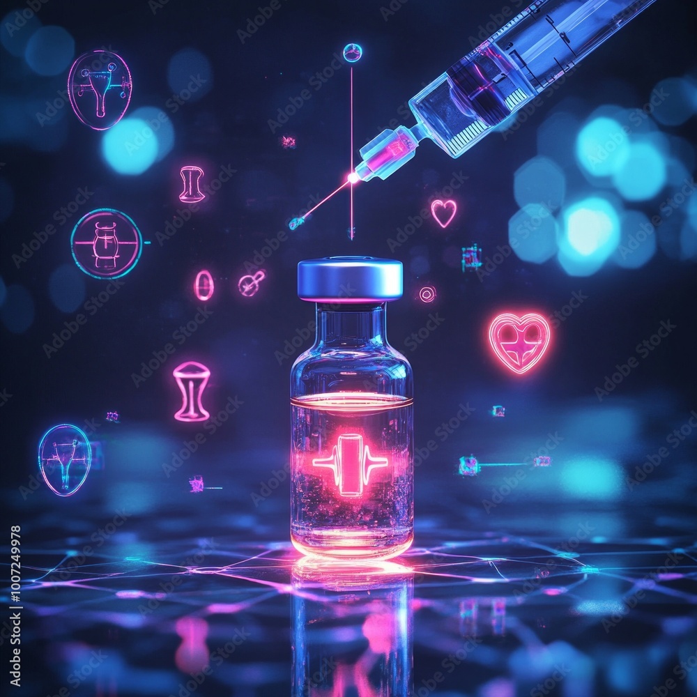 A captivating vial of vaccine sits beneath a bright needle. The background features glowing icons related to health and science. This high-tech image represents innovation in medicine. AI A captivating vial of vaccine sits beneath a bright needle. The background features glowing icons related to health and science. This high-tech image represents innovation in medicine. AI