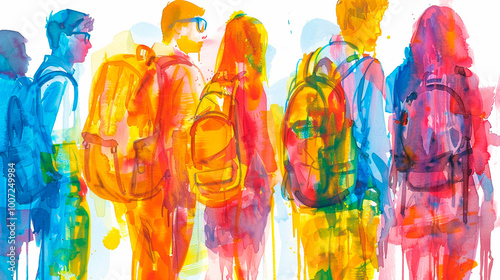 Students go to school. Group of school children with backpacks in jackets walking on the street color watercolor illustration with abstract background, rear view.