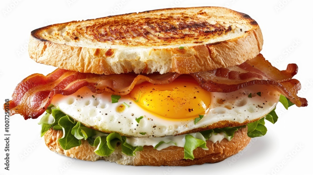 A delicious breakfast plate featuring a crispy bacon and egg sandwich topped with fresh lettuce A delicious breakfast plate featuring a crispy bacon and egg sandwich topped with fresh lettuce
